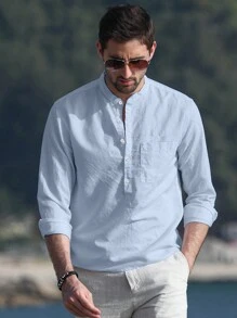 Mercer Haus 男士休闲简约透气长袖衬衫 - 淺藍色 - 查看 5