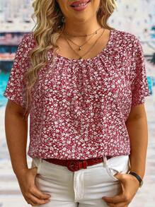 EMERY ROSE 大码花卉印花圆领休闲衬衫，夏季