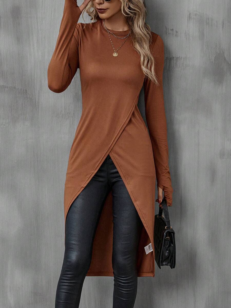 SHEIN LUNE Asymmetrical Longline Slim Fit Long Sleeve T-Shirt With Cutout - Brown - View 1