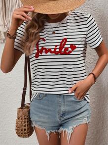 SHEIN LUNE Camiseta con estampado de rayas y letra - Blanco y Negro - Ver 3