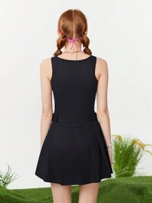 SHEINNeu Women's Washed Cotton Low-Rise Waistband Included Comfortable Pleated Mini Date Dress - Black - View 2