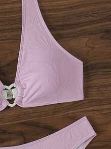 SHEIN Swim 夏季海灘女士純色比基尼套裝，心形裝飾 - 淡紫色 - 查看 3