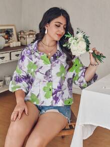 SHEIN Franclia 大尺碼花卉印花鈕扣前衣裳 - 紫色 - 查看 3