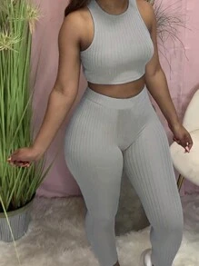 INAWLY Women's Simple Solid Color Vest And Long Pants 2-Piece Set