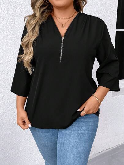 Plus Size Solid Color Zippered Shirt