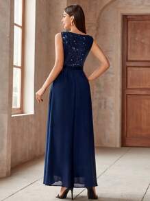 Contrast Color Sequin Crossed Neck Chiffon Ruffle Hem Formal Evening Gown, Elegant And Formal, Suitable For Balls, Weddings, Graduations, Galas And Other Occasions - Navy Blue - View 2