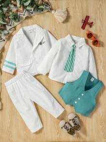 Set de 4 bucăți pentru bebeluși, în stil gentleman, inclusiv cravată, cămașă, vestă de costum și pantaloni, potrivite pentru ocazii drăguțe, casual, elegante și de petrecere primăvara/vara