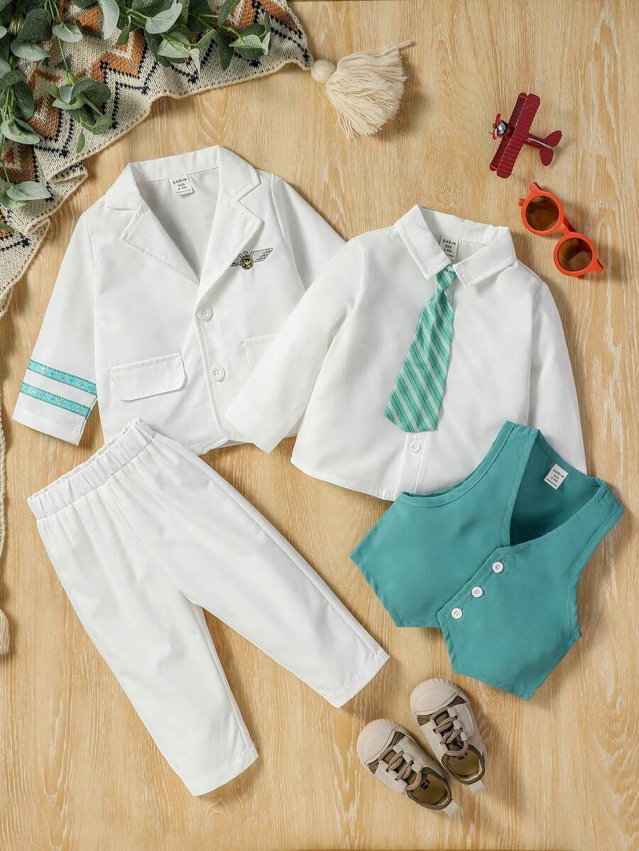 Set de 4 bucăți pentru bebeluși, în stil gentleman, inclusiv cravată, cămașă, vestă de costum și pantaloni, potrivite pentru ocazii drăguțe, casual, elegante și de petrecere primăvara/vara