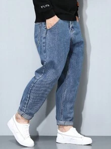 Manfinity Homme 男性大尺碼中腰錐形牛仔褲 - 中等水洗藍 - 查看 3