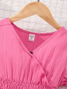 Solid Color V-Neck Short Sleeve Dress For Tween Girls, Summer,Holiday,Summer,Travel - Watermelon Pink - View 9