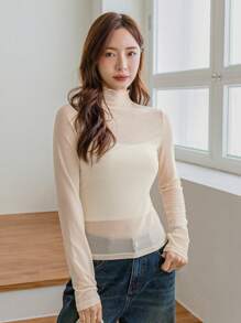 DAZY 女士透明立領長袖上衣 - 杏色 - 查看 4