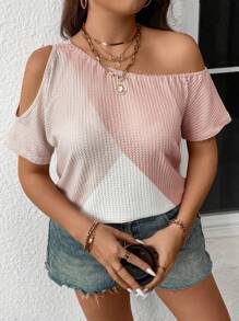 Calvaya Plus Size Women's Casual Asymmetric Collar Color Block T-Shirt Suitable For Summer