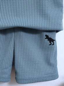 SHEIN 幼兒男孩休閒舒適恐龍圖案拼色短袖上衣配短褲和帽子套裝(二合一設計) - 彩色 - 查看 5