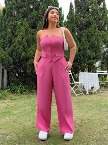 SHEIN EZwear Plus Size Monochromatic Strapless Buttoned Crop Top And Long Pants Set, Suitable For Summer - Hot Pink - View 4