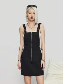 SHEIN EZwear 女式gorpcore前中拉鍊工裝連身裙 - 黑色 - 查看 1