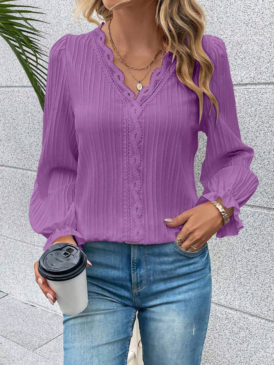 EMERY ROSE Vá lại Ren Cổ chữ V Giải trí Tay áo dài Áo sơ mi - Màu tím - Xem 1