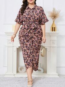 Modelyn Plus Size Women's Short Sleeved Shirt Dress With Paisley Pattern - Multicolor - View 1