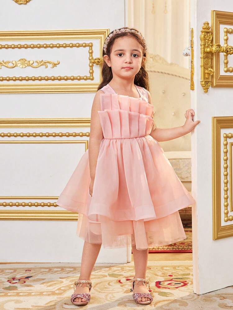 Young Girl Layered And Asymmetric Double Ruffle Sqaure Neck Sleeveless Mesh Splice Dress