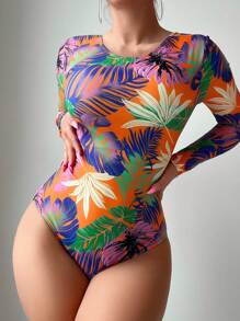 Swim SPRTY 夏季海灘女士熱帶植物圖案印花長袖單件泳衣 - 彩色 - 查看 3