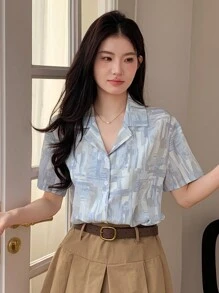 女式前扣短袖衬衫夏季，返校服装学院风上衣 - 藍色 - 查看 4