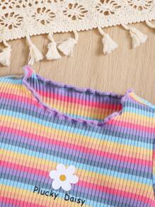 SHEIN 3pcs Baby Girl Casual Summer Striped And Flower Patterned Short Sleeve Top Set Of Three - Purple - View 5