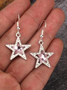ROMWE 1pair Retro Gothic Rock Style Star Shaped Earrings With Rhinestone Detail, Halloween - Pink - View 2