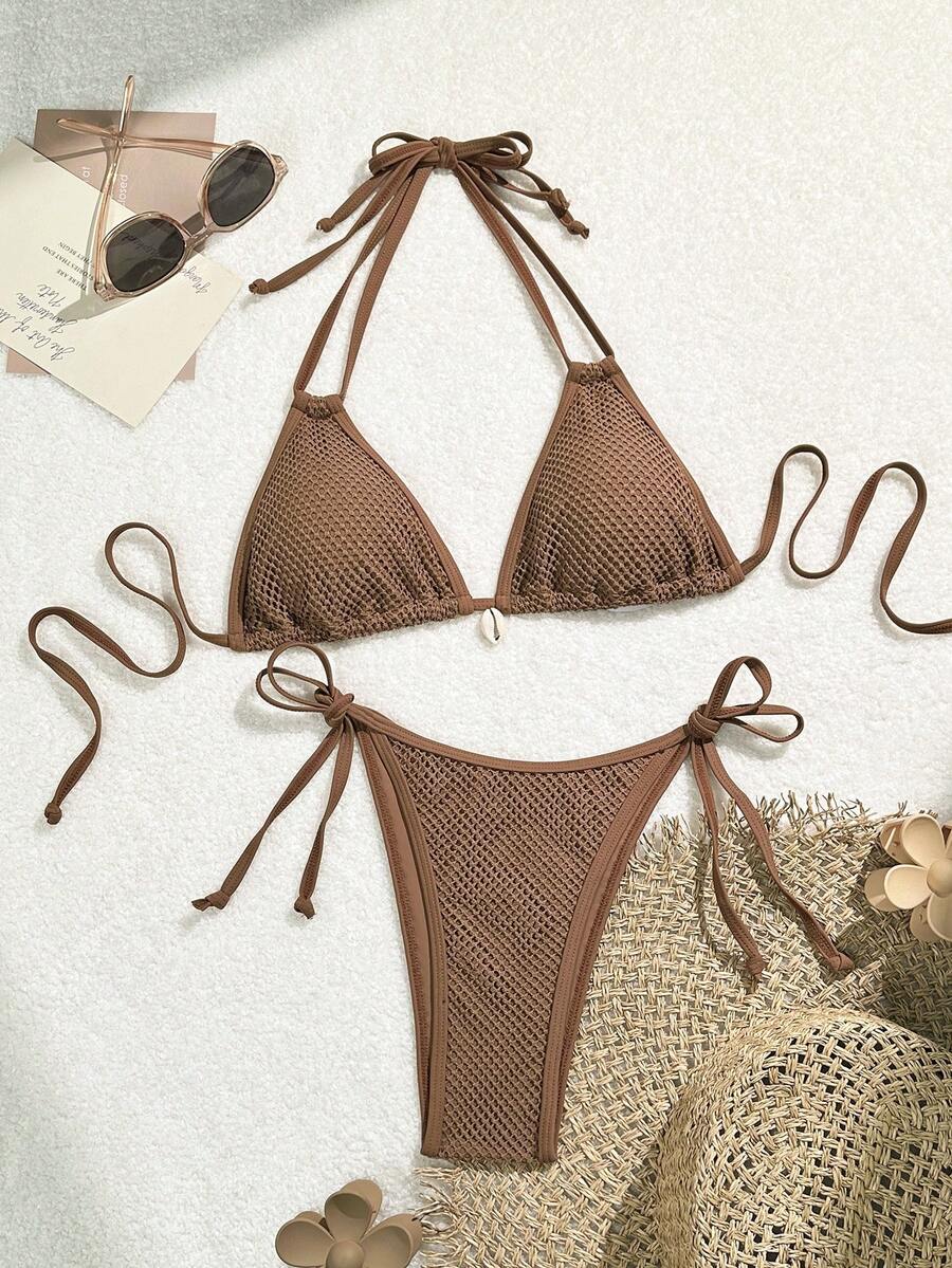 SHEIN Swim 女式綁頸三角條紋比基尼套裝,配有綁邊下擺 - 棕色 - 查看 1