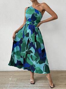 SHEIN Privé 女士簡約優雅的抽象水染花紋單肩和腰帶A字裙 - 綠色 - 查看 2