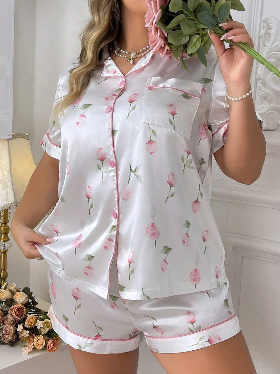 印花玫瑰加大碼仿絲睡衣套裝,適用於居家穿著 - 白色 - 查看 1