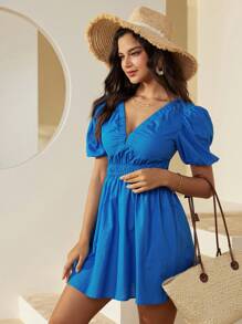 GENKIRA Vestido azul para mujer con cuello en V elástico, mangas cortas abullonadas con cintura fruncida y línea A - Azul - Ver 4