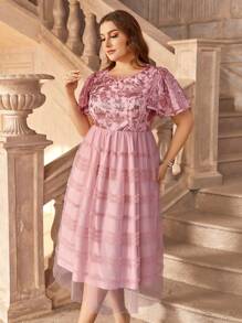 SHEIN Belle Plus Size Pink-Orange Layered Ruffled Evening Dress With Sweet And Romantic Patchwork For Cocktail Party