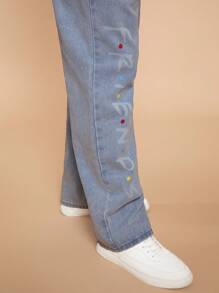FRIENDS X SHEIN Jeans De Pierna Recta Con Cremallera Y Estampado De Letras Para Hombres