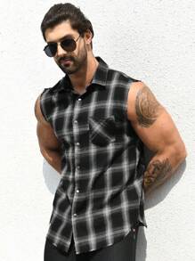 Men's Front Button Pocket Sleeveless Plaid Shirt - Black and White - View 5