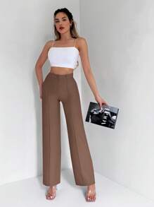EURMUSE Pantalones de traje de cintura alta y pierna recta de unicolor y versátil - Marrón - Ver 4