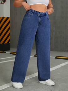 SHEIN ICON Plus Size Step Waistband Jeans - Medium Wash - View 5