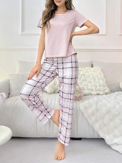 Round Neck Short Sleeve Shirt Plaid Long Pants PJ Set Pajama Set, view 5