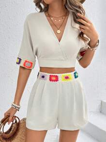 Breezaya Conjunto De Top Corto Y Pantalón Corto De Estilo De Vacaciones De Mujeres Con Estampado Floral Y Escote En V Superpuesto