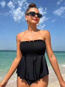SHEIN Swim 女士純色斜肩上衣和泳裝下著套裝，適用於夏季、海灘、游泳池 - 黑色 - 查看 6