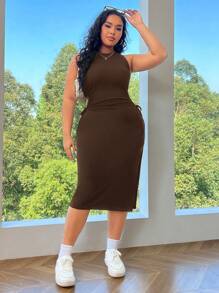 SHEIN EZwear 加大码棕色针织紧身连衣裙，腰部镂空设计，侧开衩 - 棕色 - 查看 3