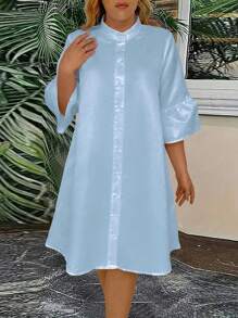 SHEIN Clasi Plus Size Fashionable Spring & Summer Button Design Solid Color Bell Sleeve Dress - Blue - View 3