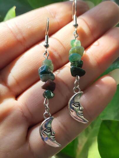 Fairycore 1pair Vintage Natural Crystal Stone Moon Shaped Pendant Earrings, Jewelry Gift