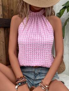 SHEIN VCAY Blouse D'été Sans Manches Pour Femmes Avec Col Halter Et Imprimé À Carreaux - Prune - Voir 6