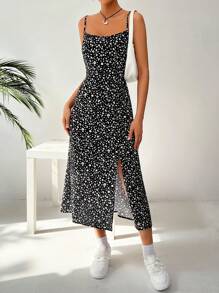 SHEIN EZwear Women's Floral Print Fashionable Strappy Dress For Spring And Summer - Black - View 1