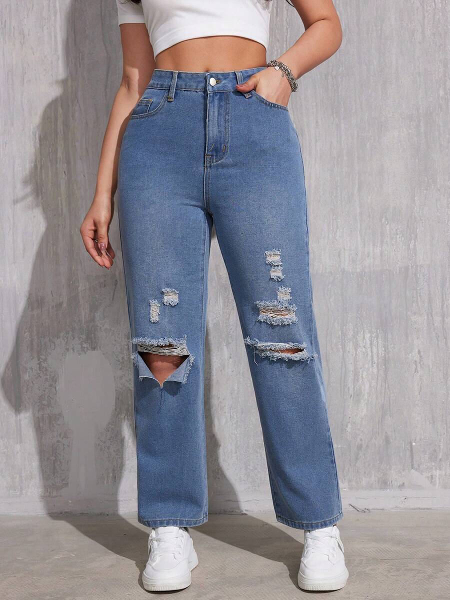 女裝休閒直筒磨邊牛仔褲 - 淺藍色 - 查看 1