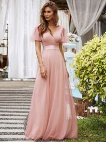 Romantic V-Neck A-Line Sheer Pink Bridesmaid Dress, Suitable For Wedding Guests, Formal Occasions, Valentine's Day, Birthday Party
