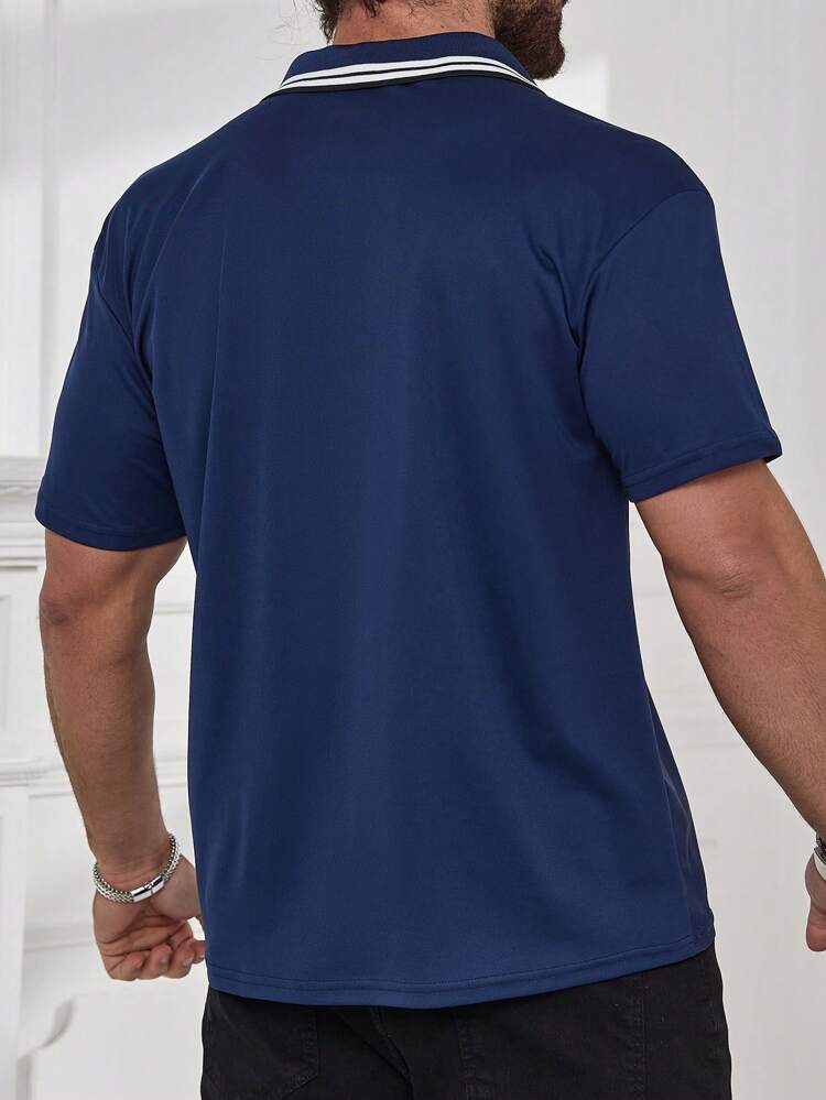 Men's Zipper Closure Horizontal Spliced Polo Shirt