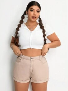 SHEIN ICON Kích thước lớn Của phụ nữ Eo đàn hồi Cán Hem Quần short Denim - Màu be - Xem 6