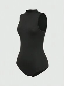 INAWLY Solid Color Mock Neck Slim Fit Sleeveless Bodysuit - Black - View 6