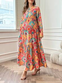 SHEIN Maternity Allover Print Long Sleeve Fringed Dress, Suitable For Spring And Summer - Multicolor - View 1