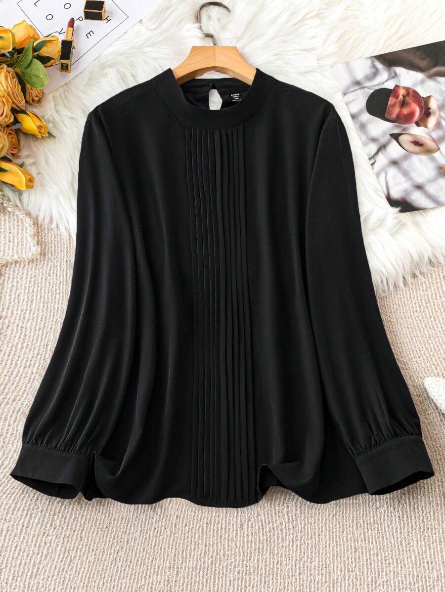 SHEIN Clasi 大尺寸純色打褶長袖襯衫,適用於春夏季節 - 黑色 - 查看 1